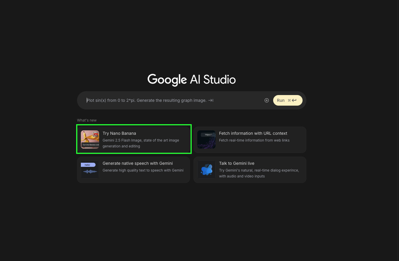 Pantalla principal de Google AI Studio mostrando la opción Try Nano Banana